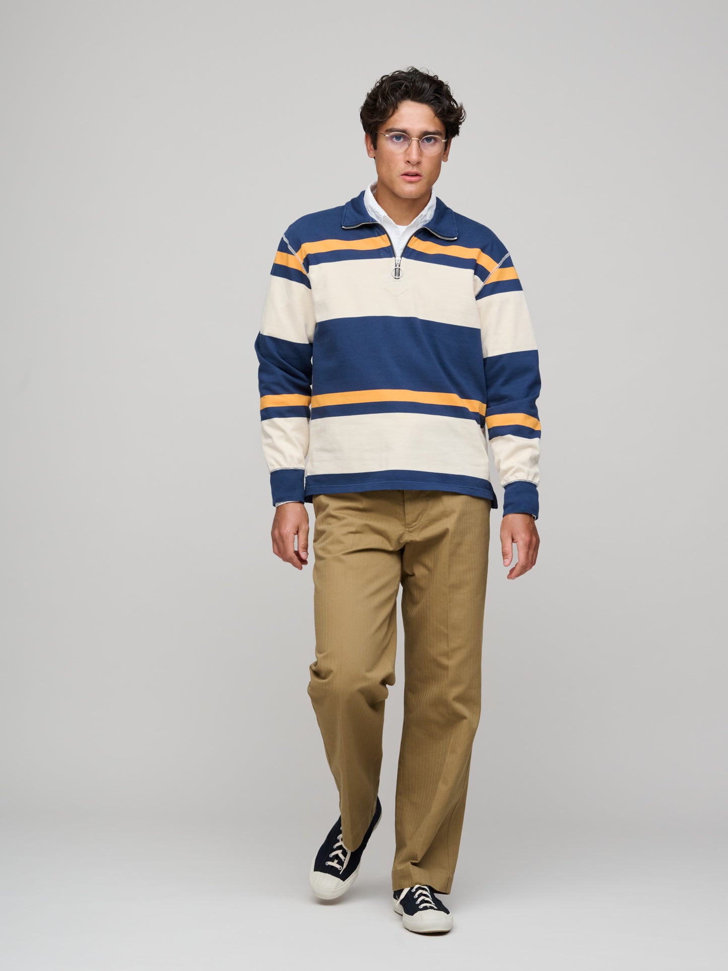 Cotton Quarter Zip Rugby Shirt, Navy & Yellow Stripe