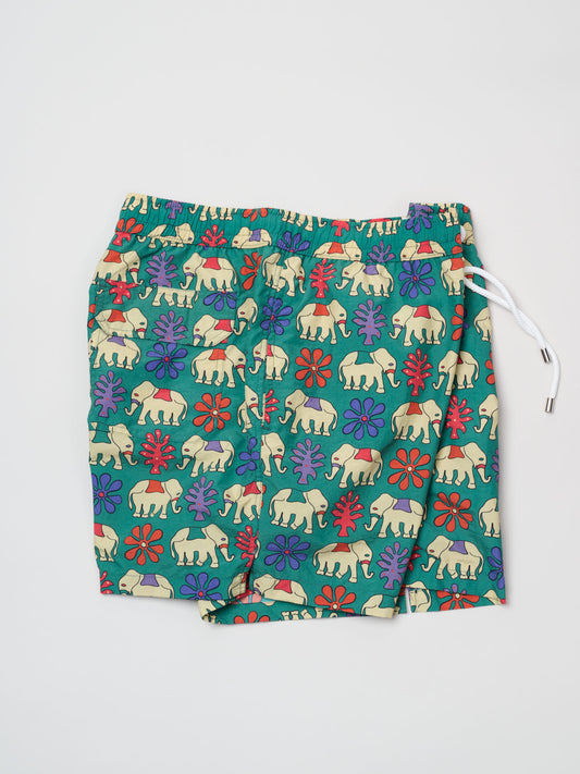 Elephant Print Nylon Drawstring Swim Shorts, Green