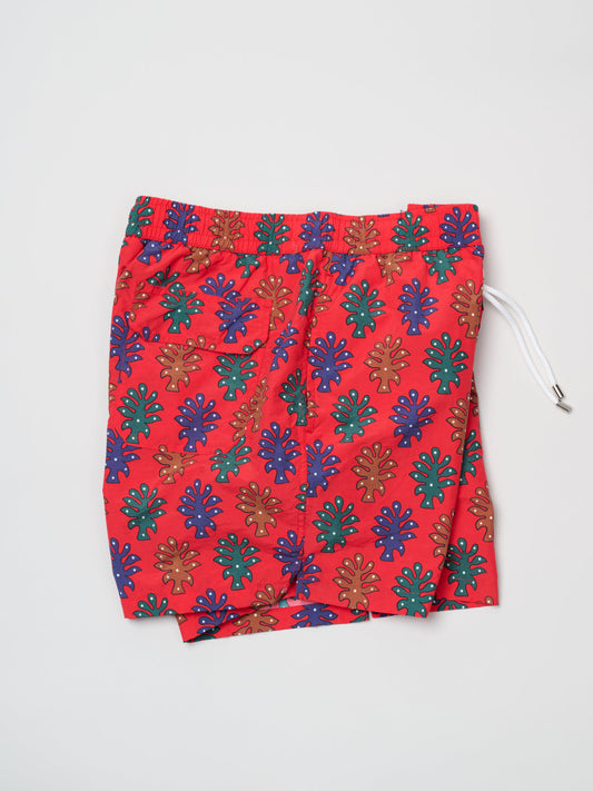 Tree Print Nylon Drawstring Swim Shorts, Tomato