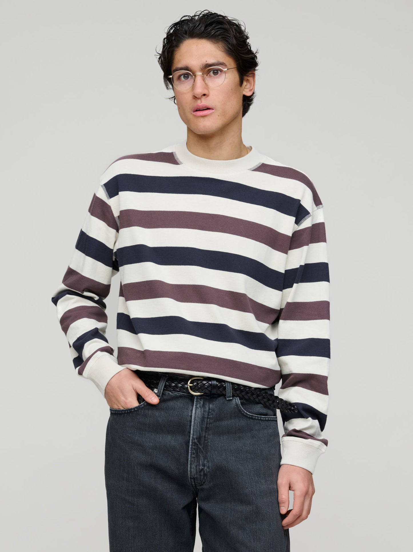 Wide Crew Matelot Three Colour Block Stripe, Chalk - Ink - Grape