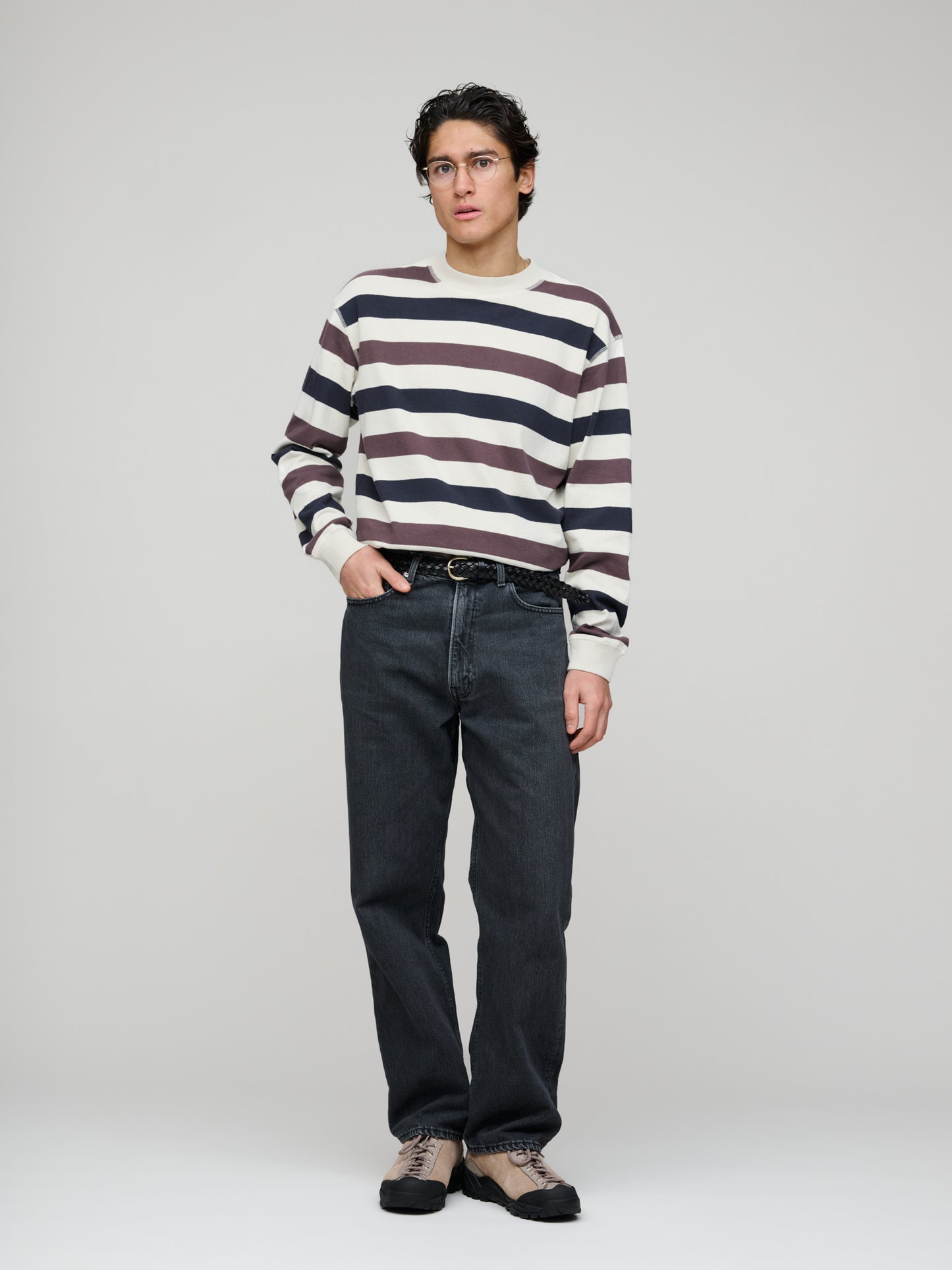 Wide Crew Matelot Three Colour Block Stripe, Chalk - Ink - Grape