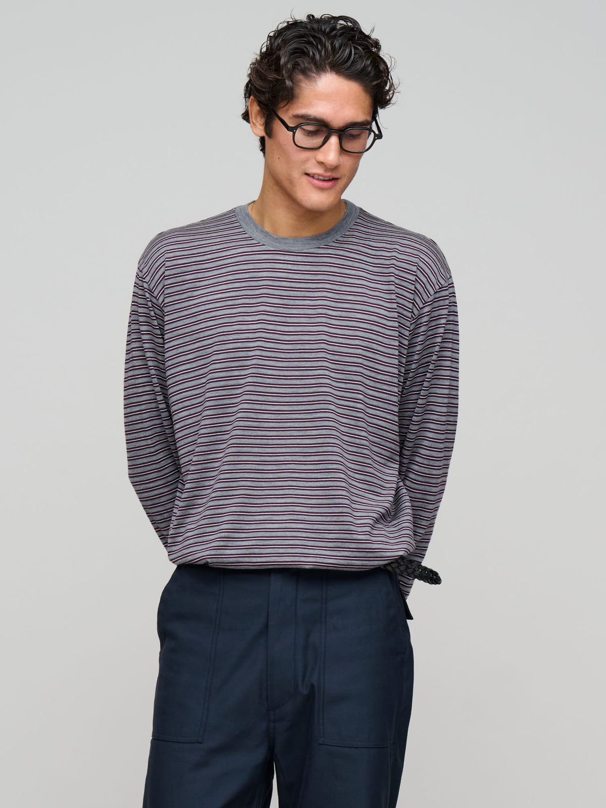 Soft Smooth Wool Stripe Jersey L/S Tee, Gray Stripe