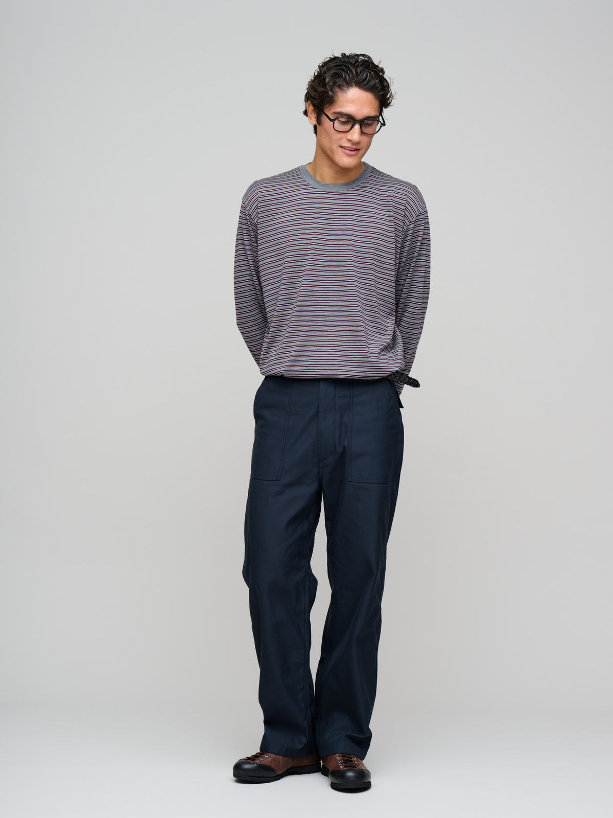 Soft Smooth Wool Stripe Jersey L/S Tee, Gray Stripe