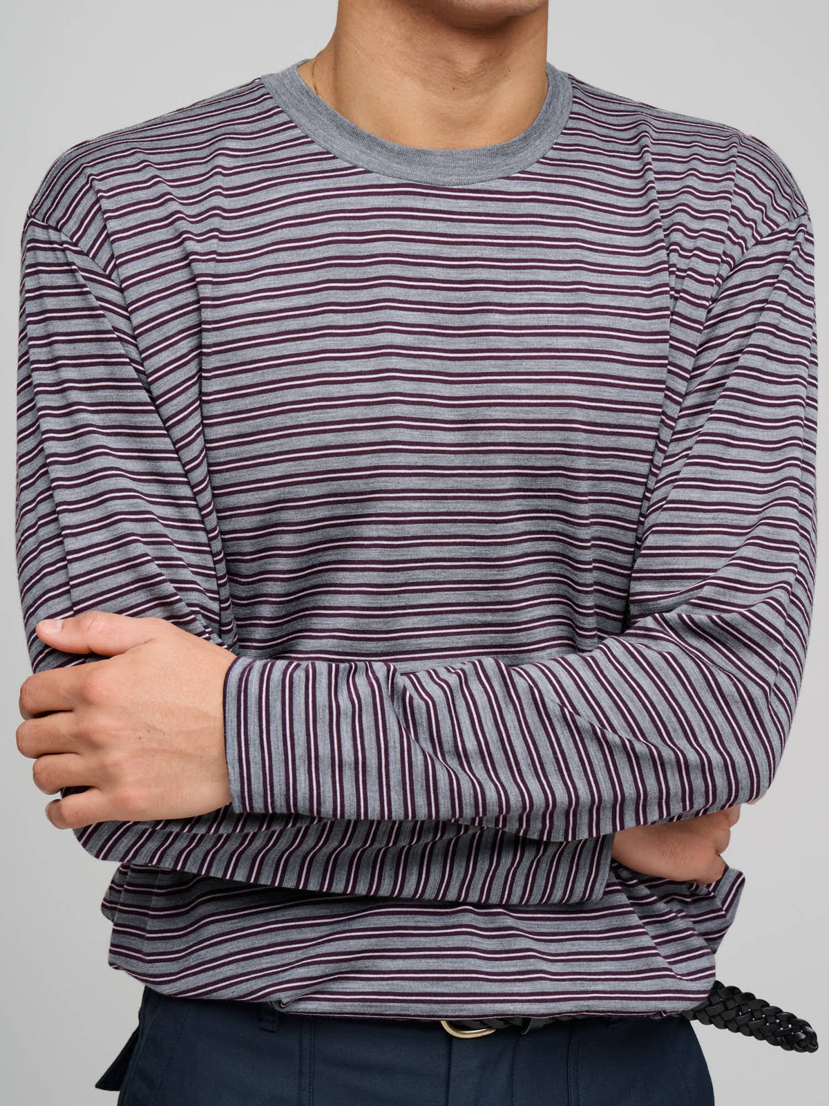Soft Smooth Wool Stripe Jersey L/S Tee, Gray Stripe