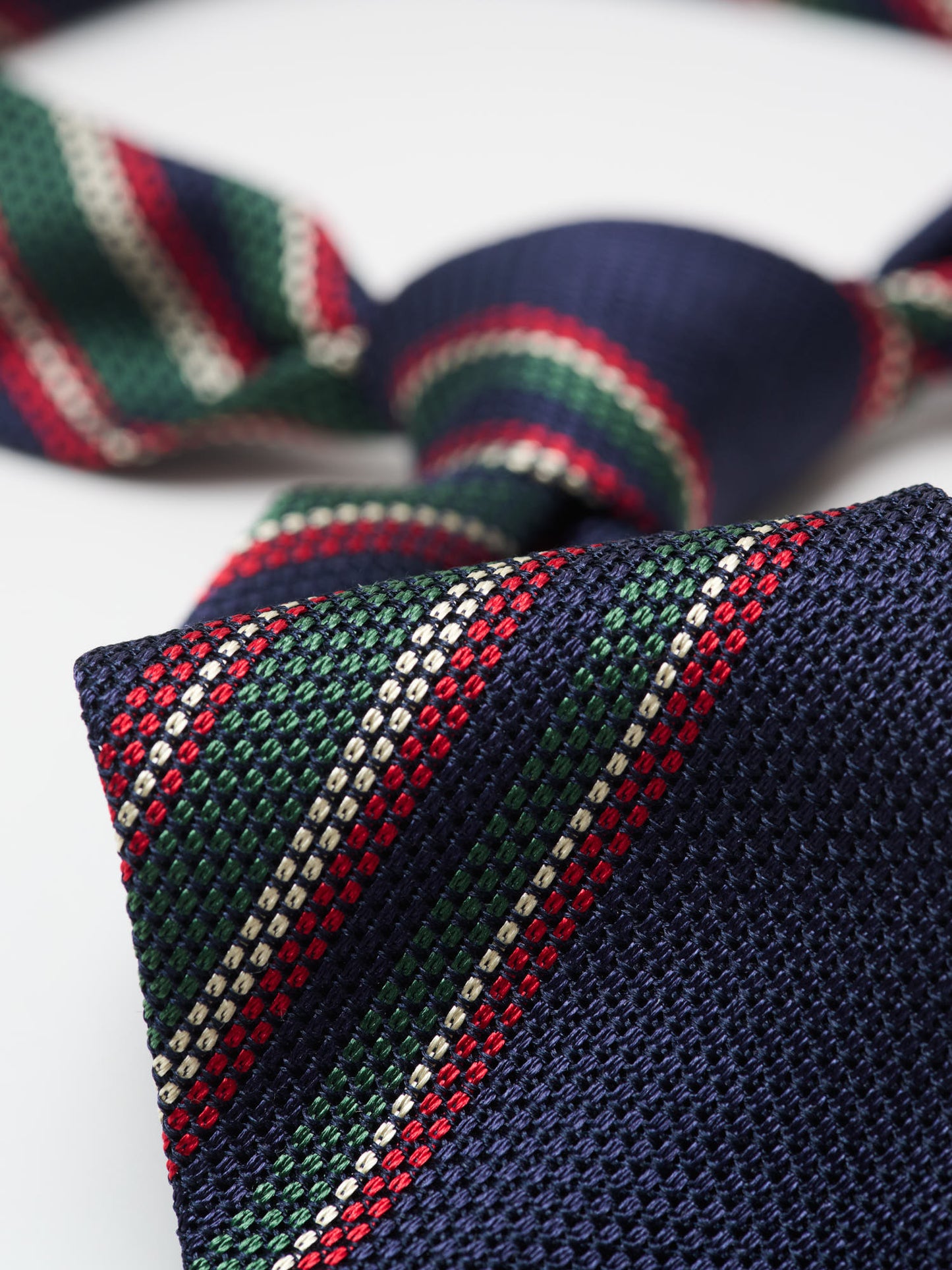 Hand Rolled Silk Grenadine Tie, Navy/Green/Red Stripe