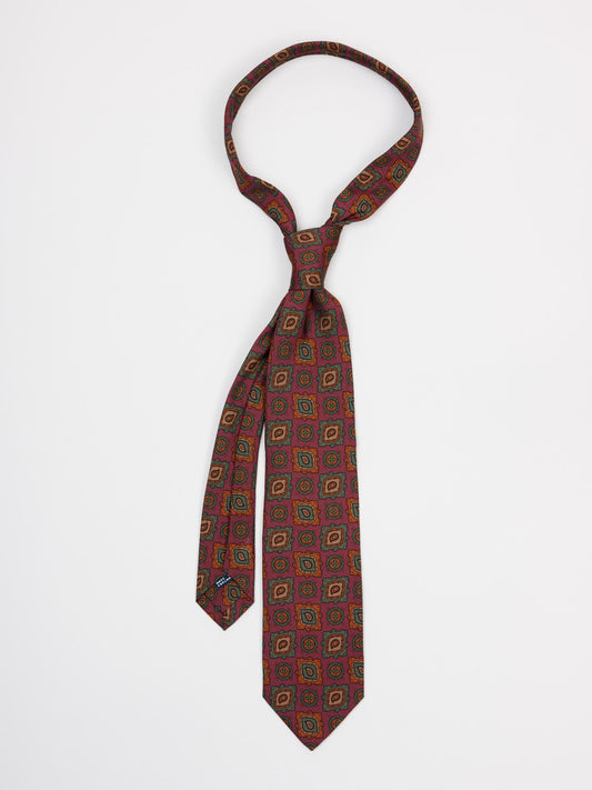 Large Paisley Medallion Silk Wool Tie, Orange & Green