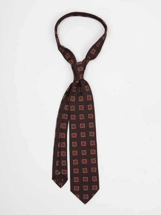 Flower Medallion Wool Silk Tie, Dark Brown