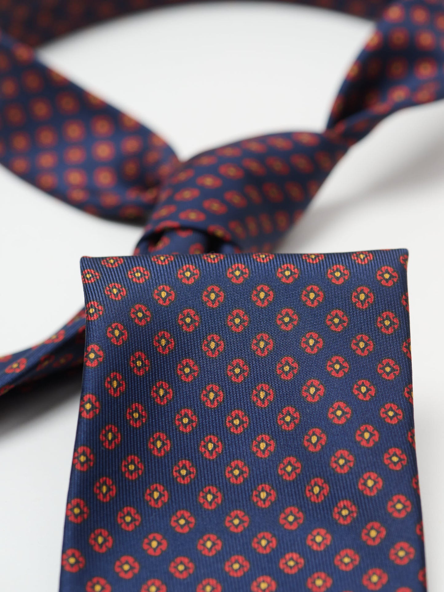 Square Flowers Pattern Silk Tie, Navy