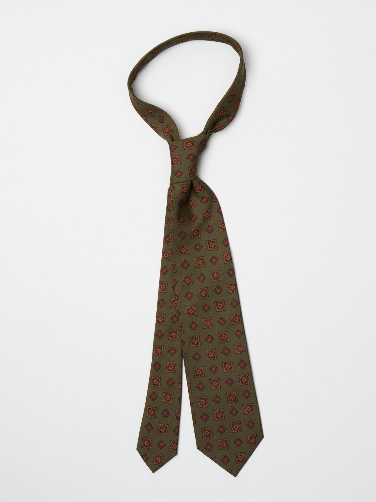 Flower Medallion Silk Tie, Khaki & Red