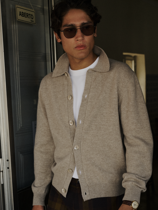 Polo Cardigan, Light Oat Melange