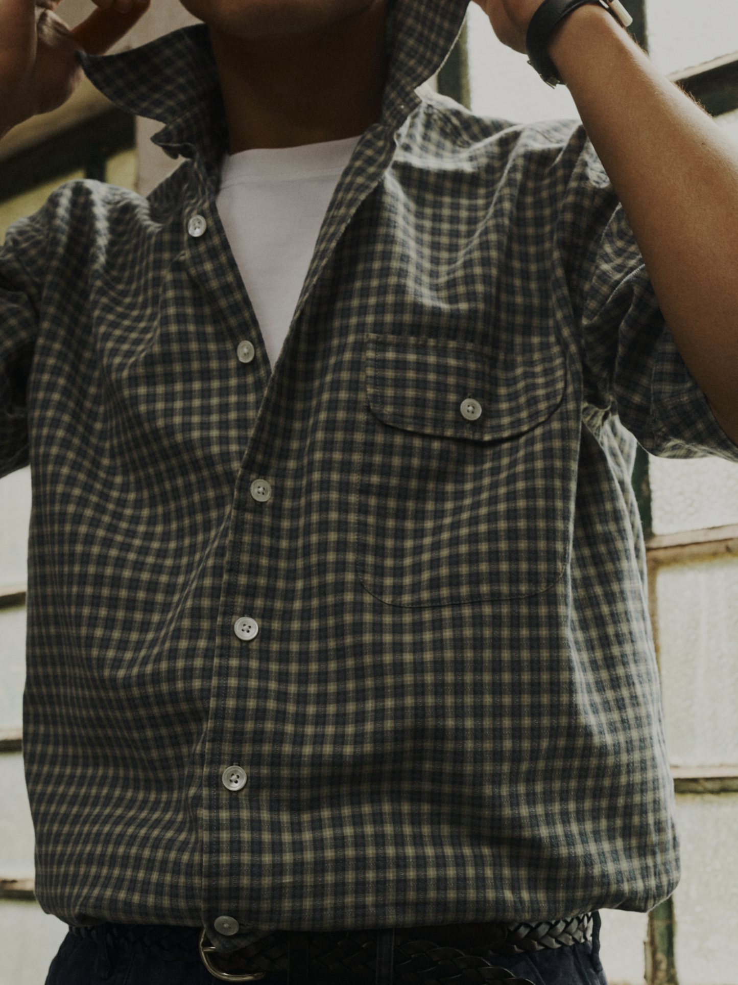 Off Duty Short Sleeve Shirt, Dobby Nonna Check, Blue/Beige/Ecru