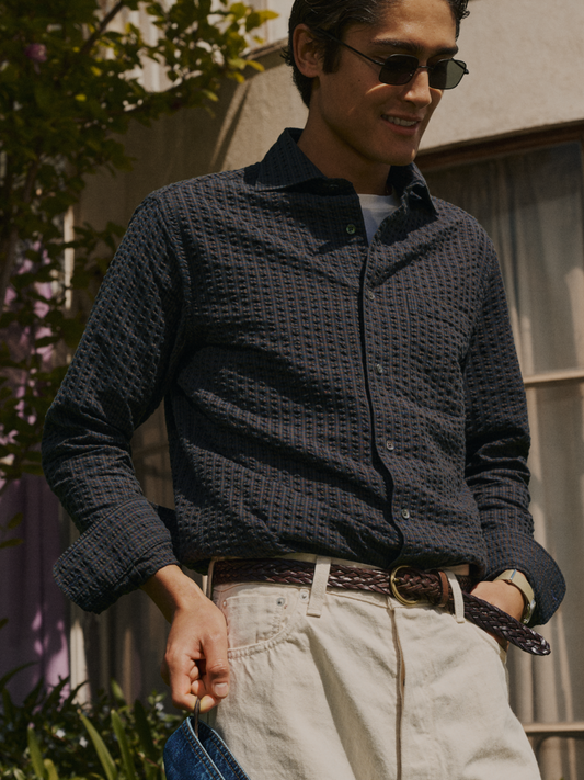 Soft Spread Collar, Seersucker Mini Check, Brown/Navy