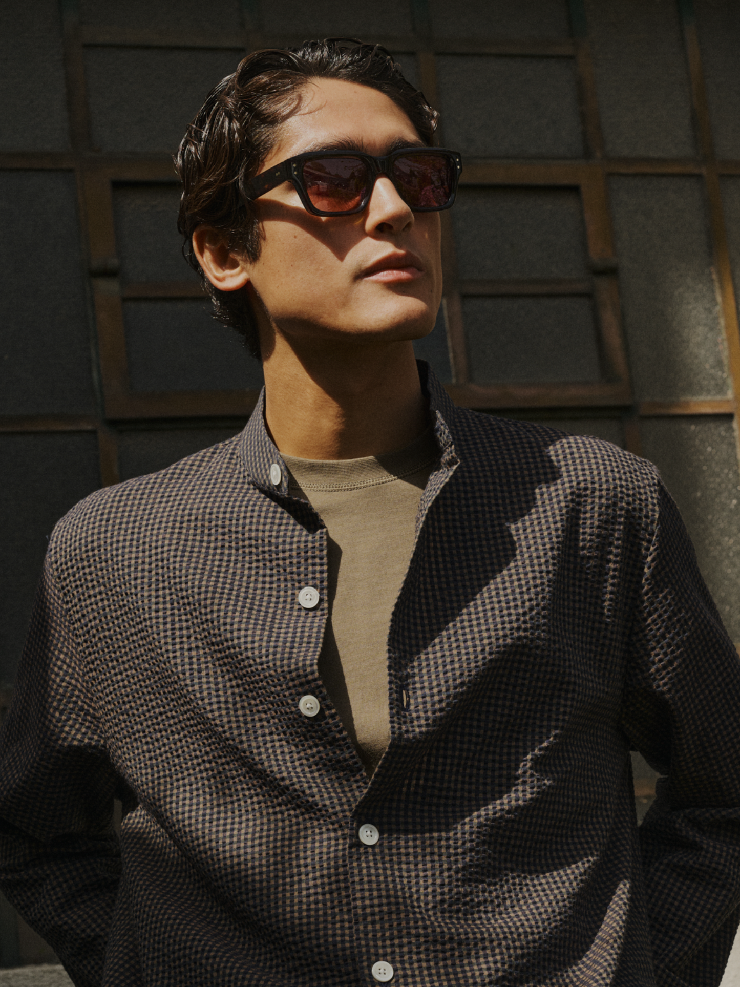 PJ Shirt, Seersucker Check, Navy/Khaki/Green