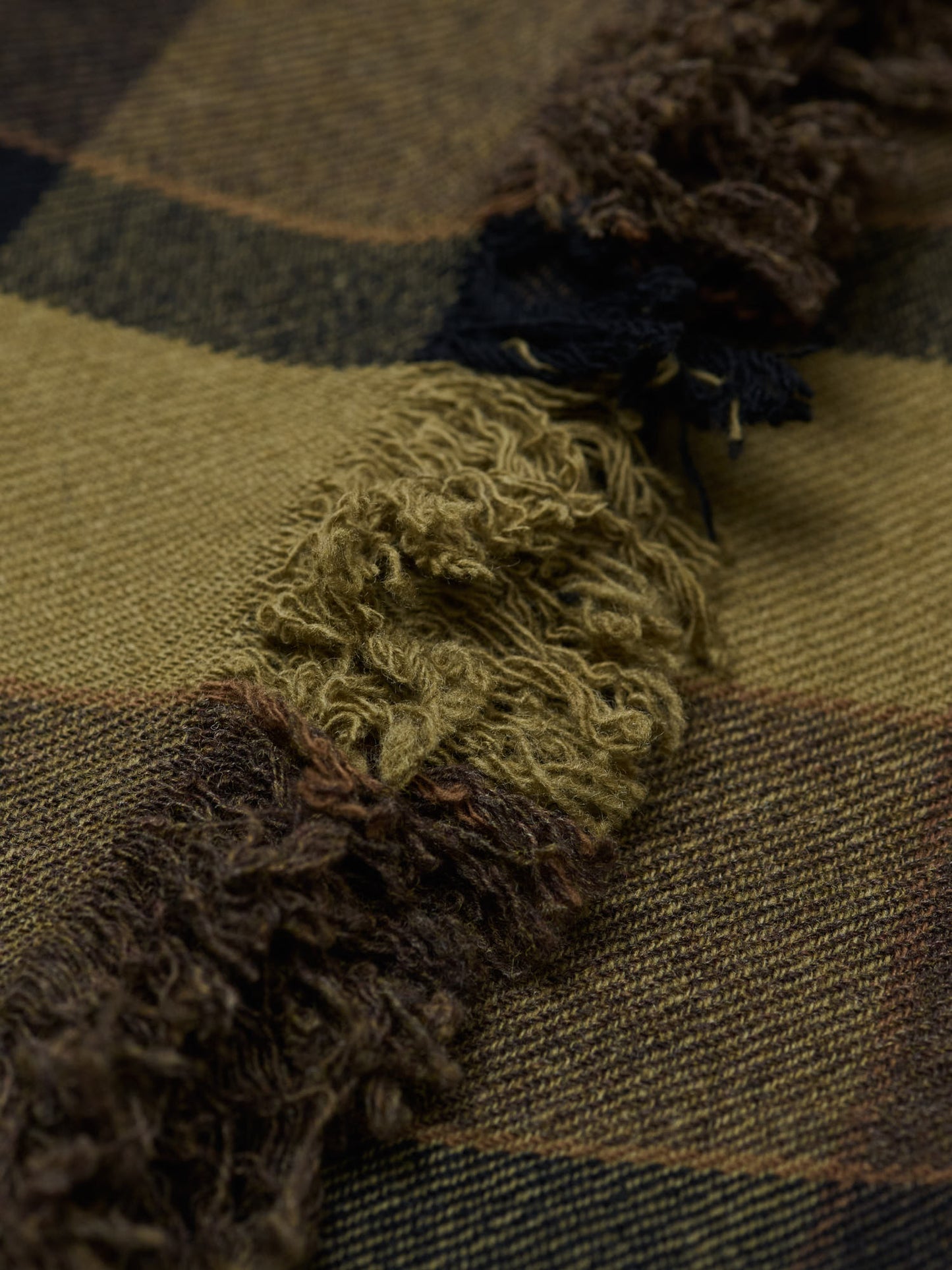 Offset Check Scarf Lambswool, Khaki & Bark