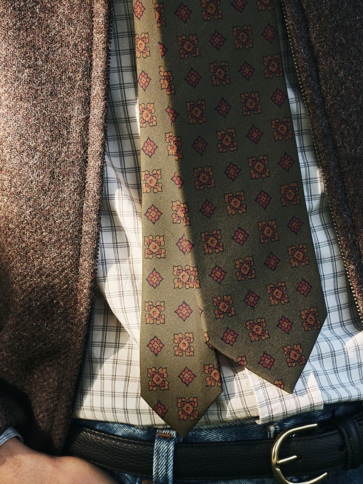 Flower Medallion Silk Tie, Khaki & Red
