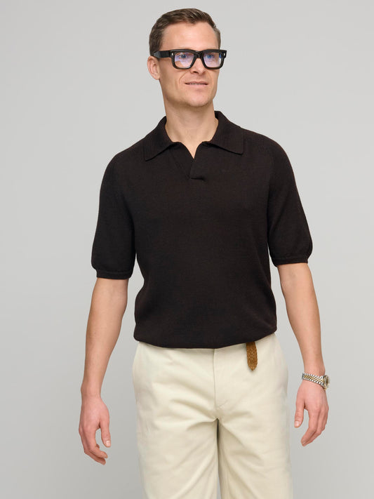 Merino Wool/Silk Short Sleeve Polo, Dark Brown