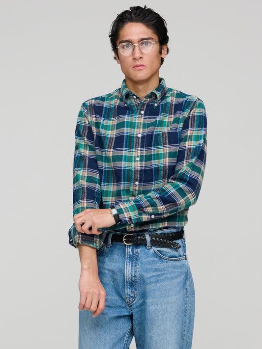 Multi Brushed Winter Madras Shirt, Green/Navy Check
