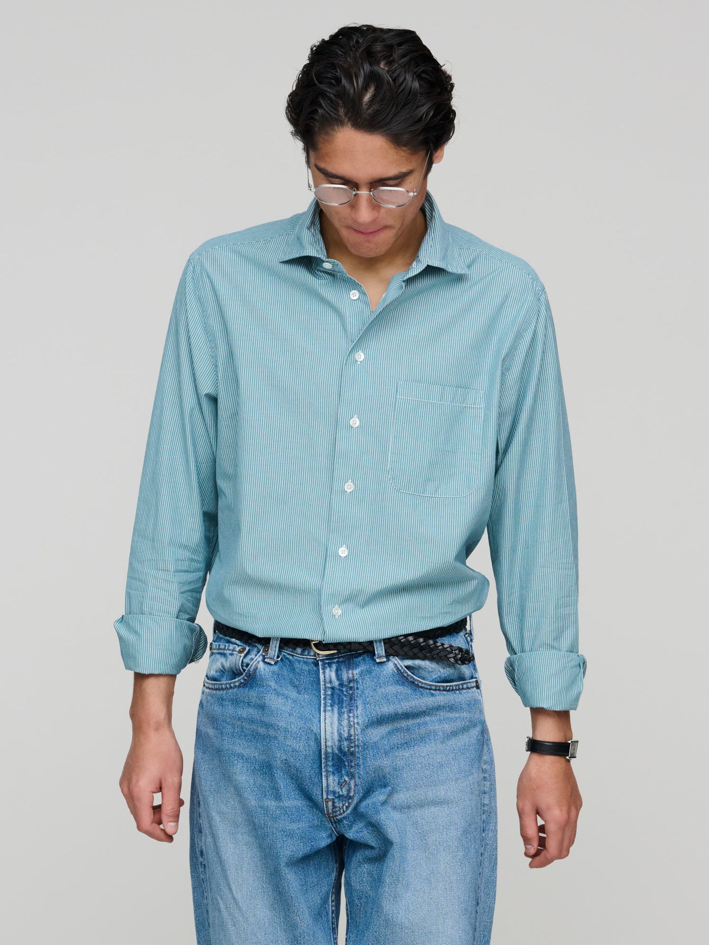 Soft Spread Collar Shadow Stripe, Grass Green & Navy