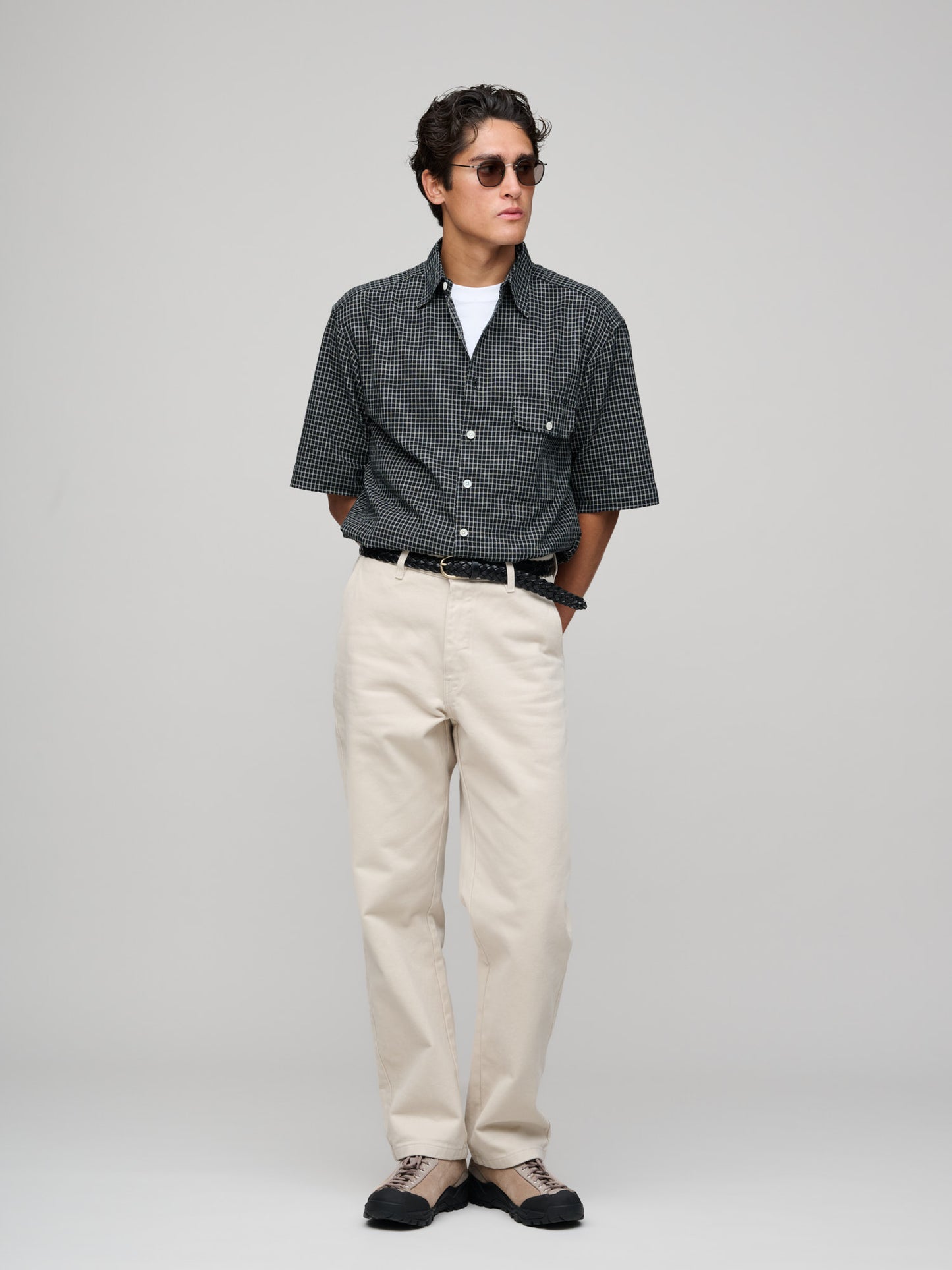 Off Duty Short Sleeve Shirt, Windowpane Check, Black/White