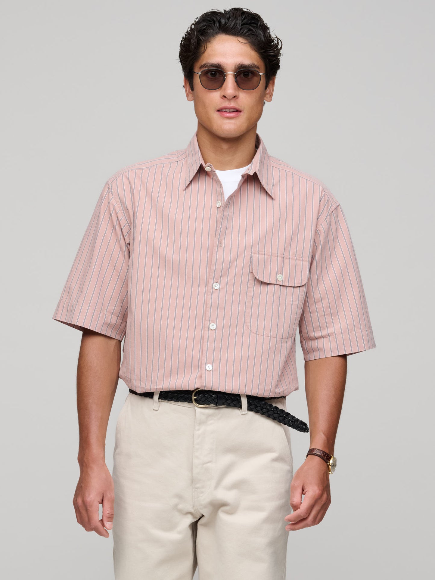 Off Duty Short Sleeve Shirt, Awning Stripe, Soft Pink
