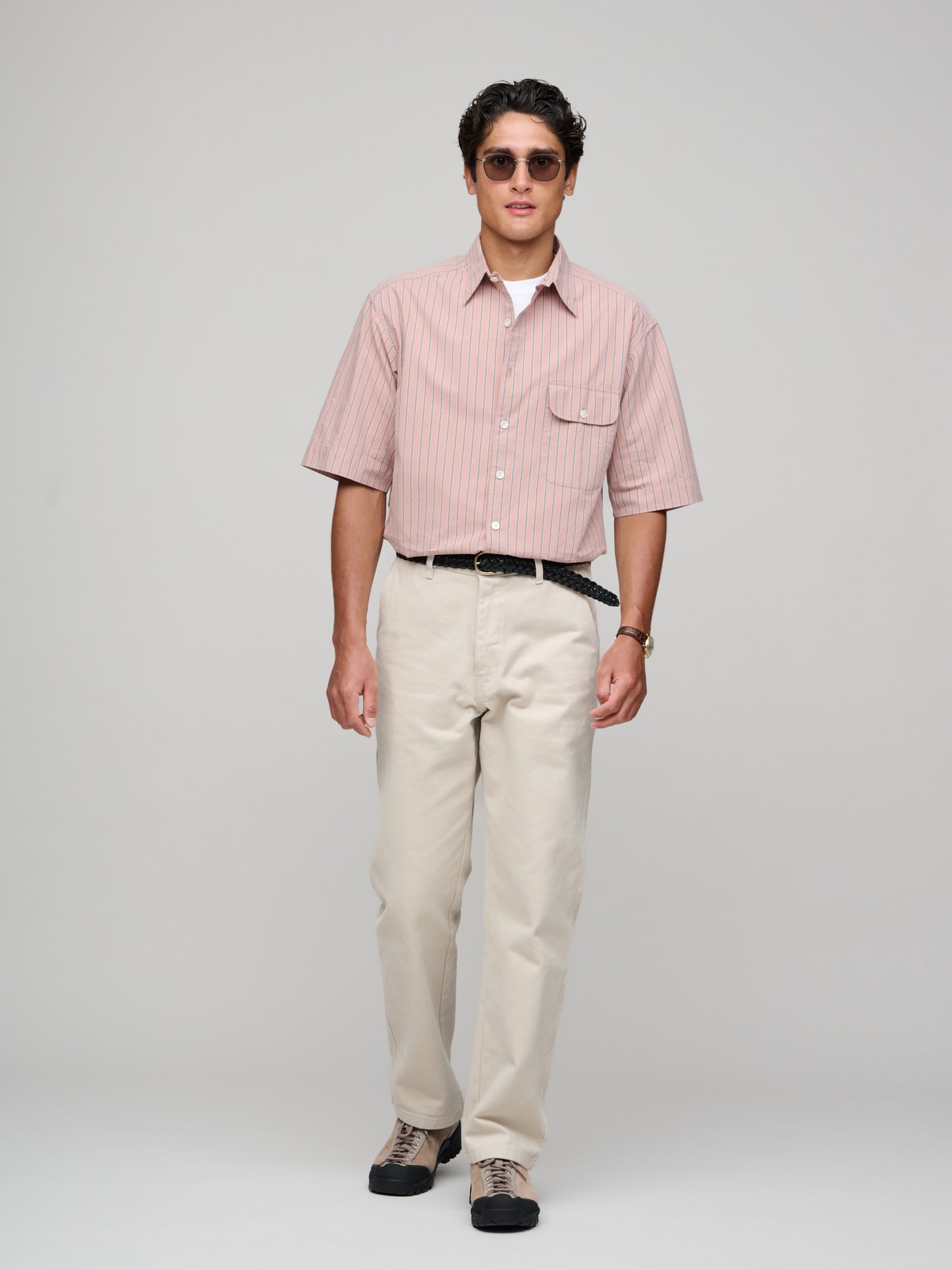 Off Duty Short Sleeve Shirt, Awning Stripe, Soft Pink