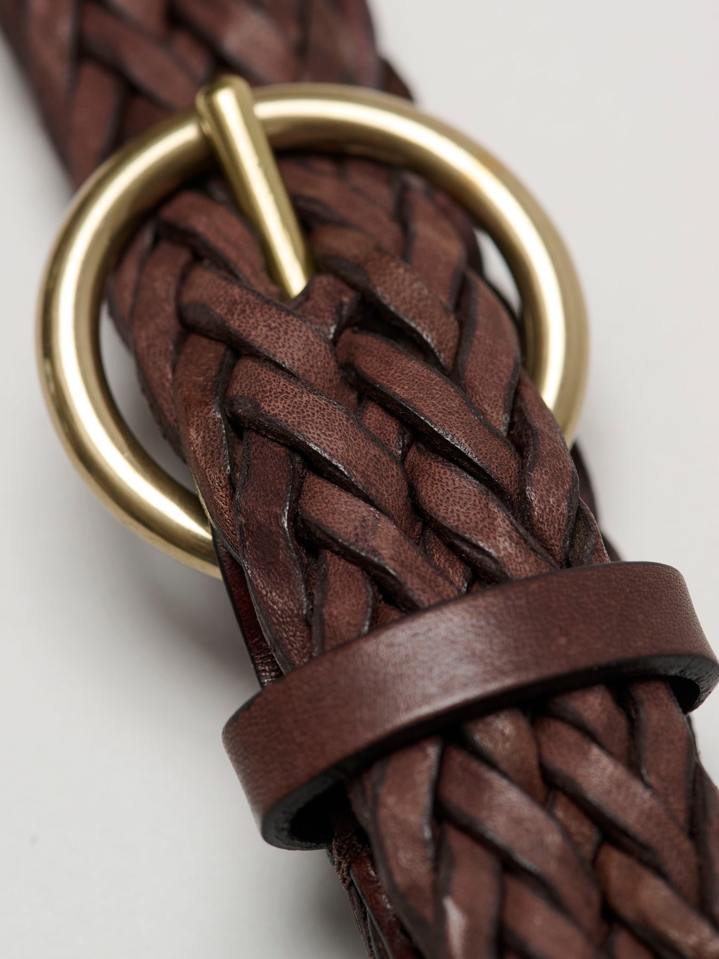 Round Buckle Braided Leather Belt, Dark Brown